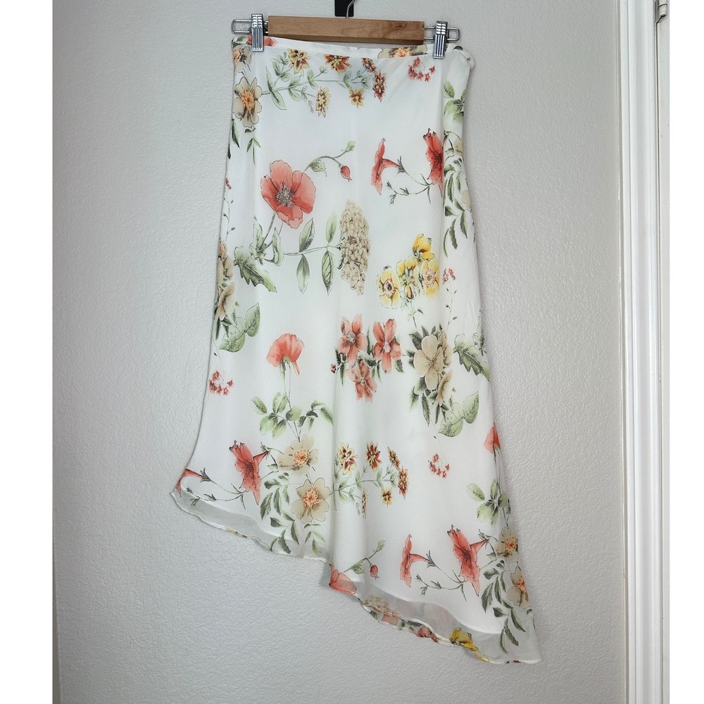 Y2K Silk Asymmetrical Hem Midi Skirt Spenser Jeremy 8 White Floral  Fairycore